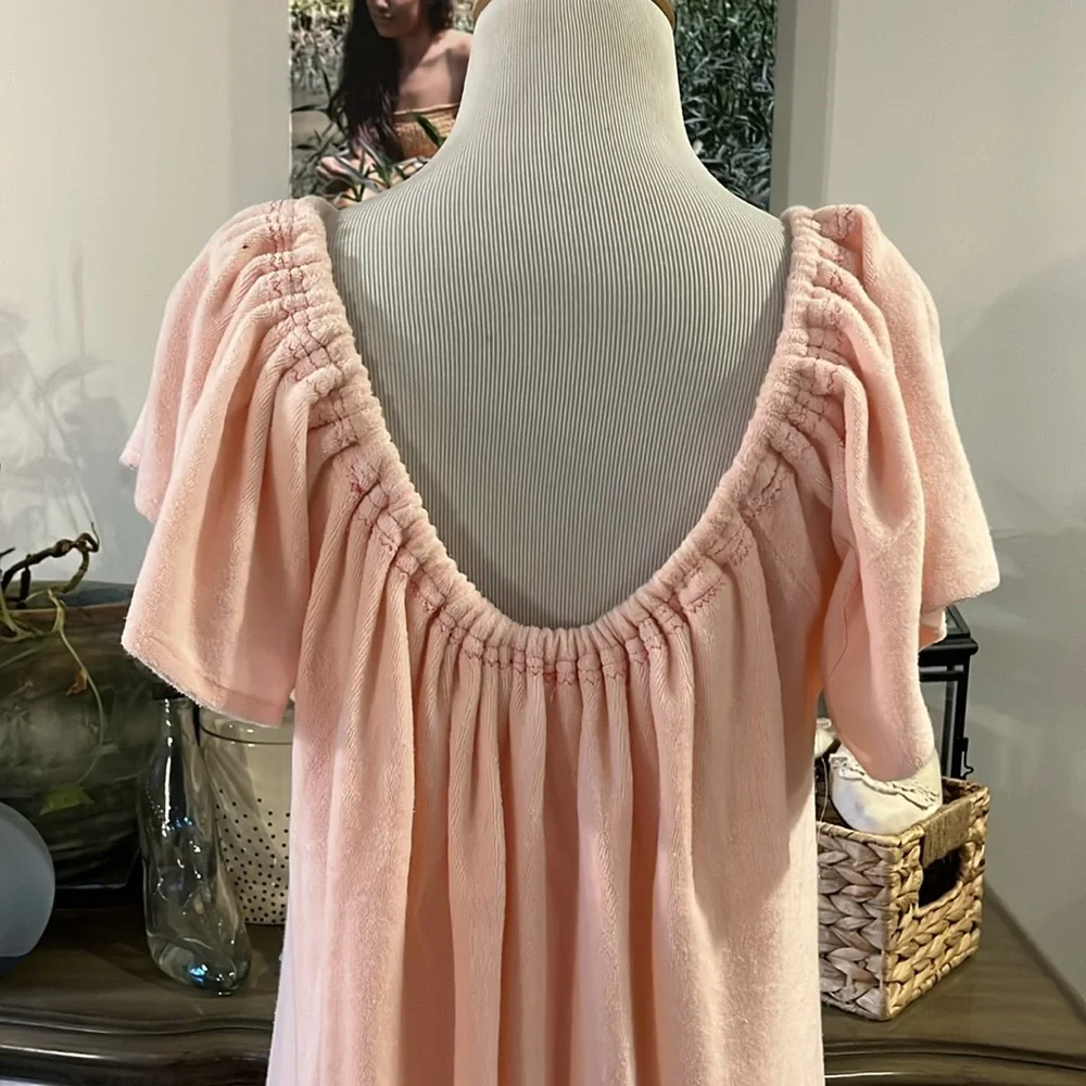 VINTAGE TERRYCLOTH HAND MADE COTTAGECORE LOUNGEWEAR DRESS BABY PINK SIZE MEDIUM - Picture 5 of 9